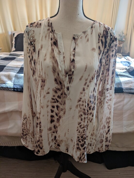 Jennifer Lopez Tops - Jennifer Lopez Cream and Brown Printed Button-Front Blouse with Stud Accents